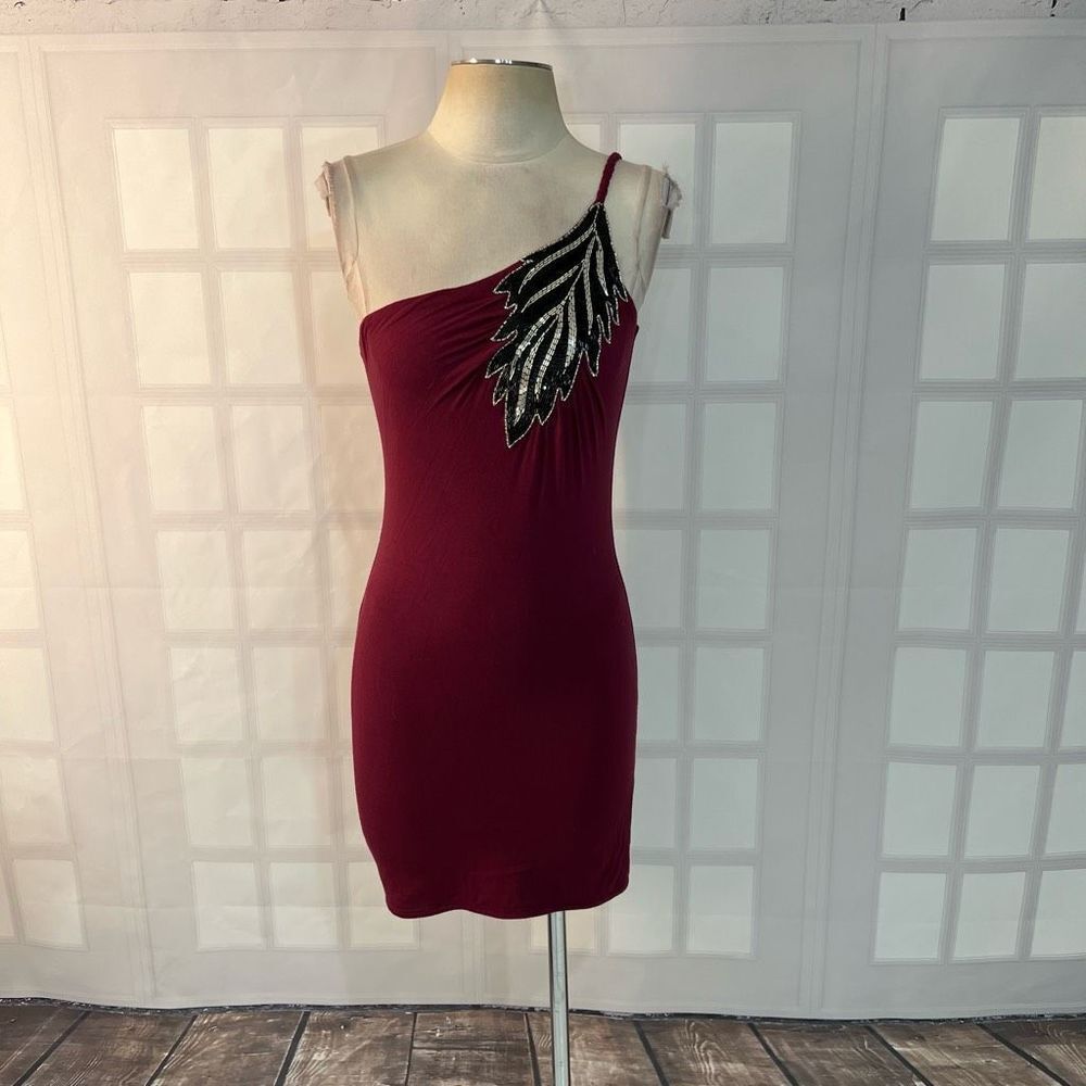 Sky maroon one shoulder embellished leaf beaded mini tunic dress